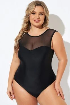 Black Mesh Wide Shoulder One Piece Swimsuit -Sandy Bikinis Shop b deop089008 3