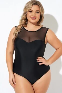 Black Mesh Wide Shoulder One Piece Swimsuit -Sandy Bikinis Shop b deop089008 5