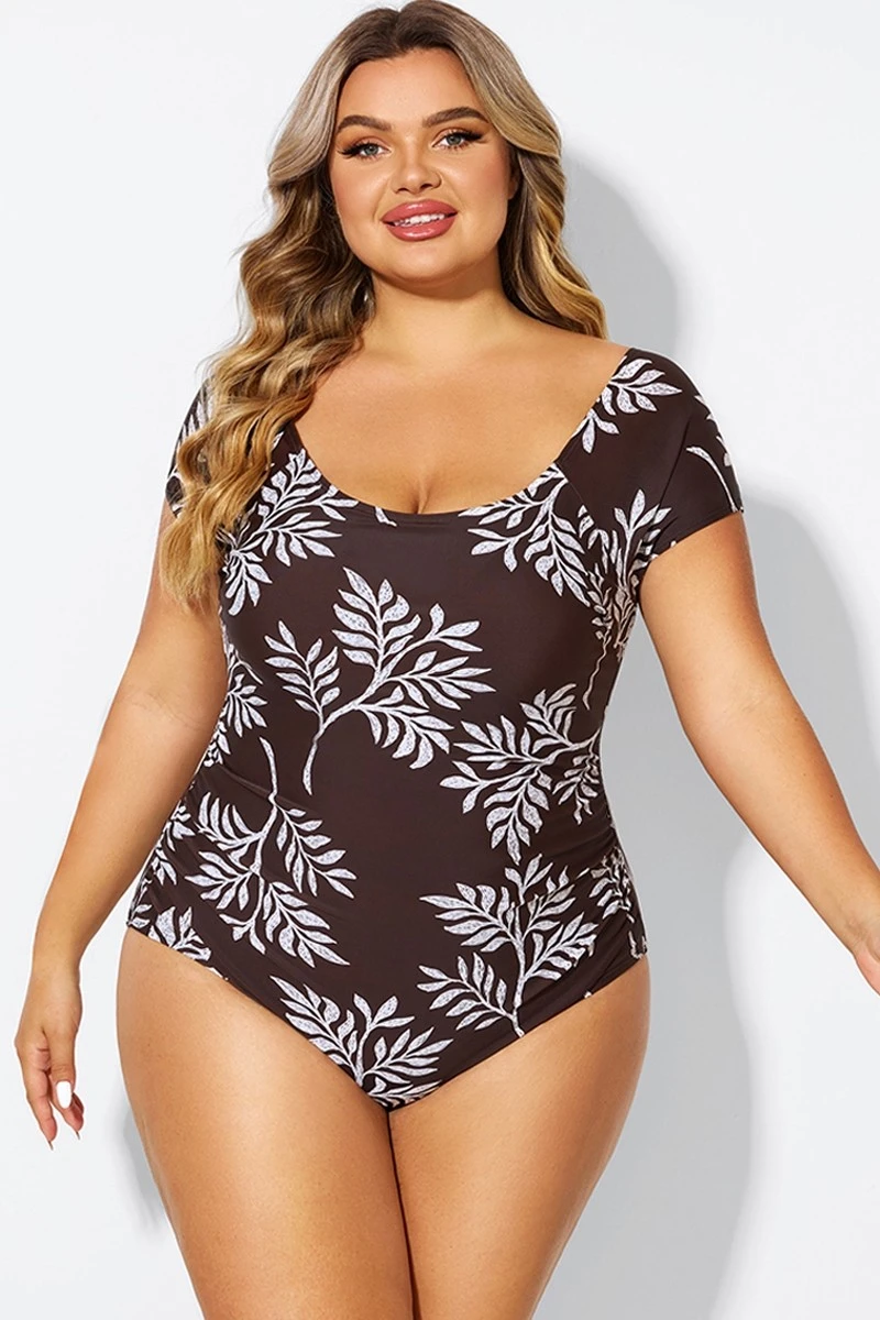 V-Neck Leaf Print Ruffles Sleeves One Piece Swimsuit 1 V-Neck Leaf Print Ruffles Sleeves One Piece Swimsuit