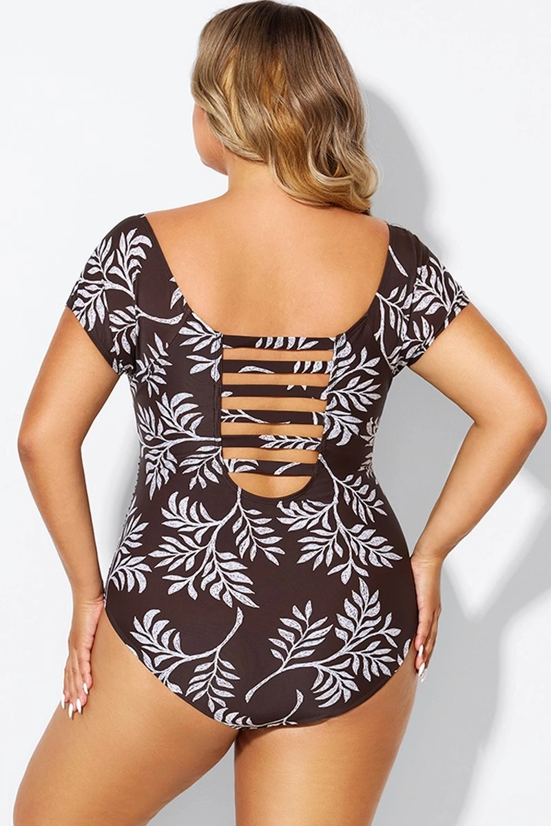 V-Neck Leaf Print Ruffles Sleeves One Piece Swimsuit 2 V-Neck Leaf Print Ruffles Sleeves One Piece Swimsuit - Image 2