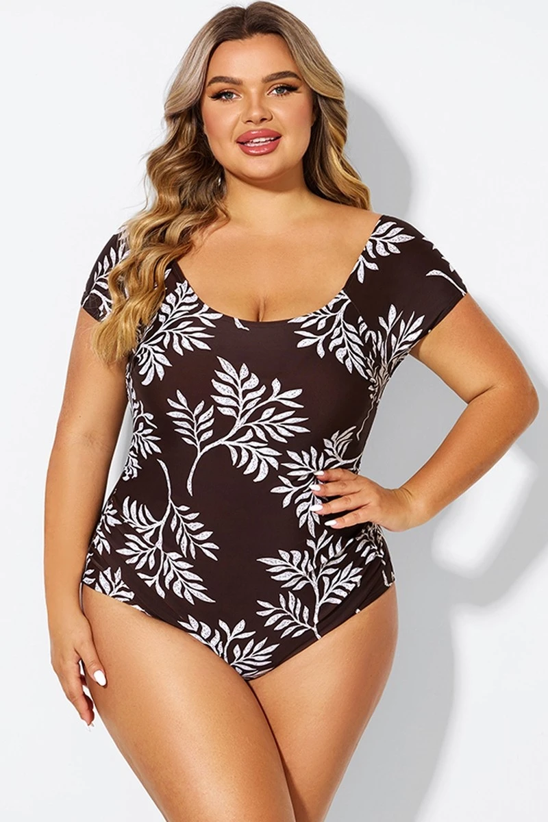 V-Neck Leaf Print Ruffles Sleeves One Piece Swimsuit 3 V-Neck Leaf Print Ruffles Sleeves One Piece Swimsuit - Image 3