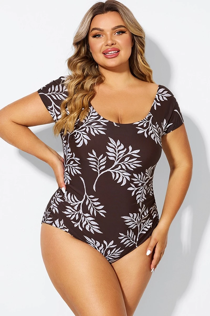 V-Neck Leaf Print Ruffles Sleeves One Piece Swimsuit 4 V-Neck Leaf Print Ruffles Sleeves One Piece Swimsuit - Image 4