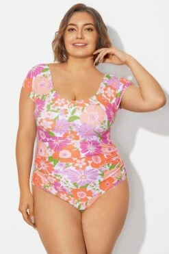 Floral Print Short Sleeve Elastic One Piece Swimsuit -Sandy Bikinis Shop b deop090012 3