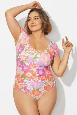 Floral Print Short Sleeve Elastic One Piece Swimsuit -Sandy Bikinis Shop b deop090012 4