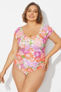 Floral Print Short Sleeve Elastic One Piece Swimsuit -Sandy Bikinis Shop b deop090012 5