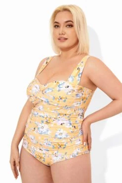 Yellow Floral Printed Retro One Piece Swimsuits -Sandy Bikinis Shop b deop097002 3