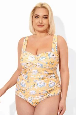 Yellow Floral Printed Retro One Piece Swimsuits -Sandy Bikinis Shop b deop097002 5