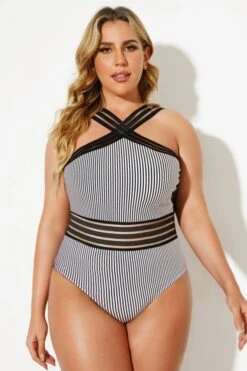 Stripe Crossover Vintage One Piece Swimsuit -Sandy Bikinis Shop b deop115002 44