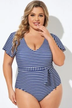 Blue And White Stripe Women One Piece Swimsuit -Sandy Bikinis Shop b deop124005 4
