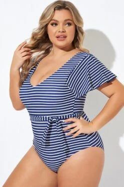 Blue And White Stripe Women One Piece Swimsuit -Sandy Bikinis Shop b deop124005 5