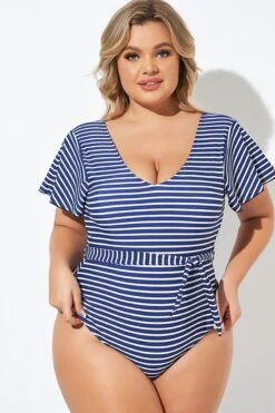 Blue And White Stripe Women One Piece Swimsuit -Sandy Bikinis Shop b deop124005 6