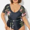 Floral Print Ruffle Sleeves One Piece Swimsuit