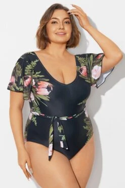 Floral Print Ruffle Sleeves One Piece Swimsuit 11 Floral Print Ruffle Sleeves One Piece Swimsuit -Sandy Bikinis Shop b deop124007 6