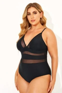 Black Mesh V-neck Women One Piece Swimsuit -Sandy Bikinis Shop b deop145001 2