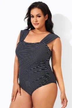 Black & White Striped Thick Strap One Piece Swimsuit 7 Black & White Striped Thick Strap One Piece Swimsuit -Sandy Bikinis Shop b deop163001 4