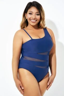 Navy Blue One Shoulder Mesh One Piece Swimsuit 8 Navy Blue One Shoulder Mesh One Piece Swimsuit -Sandy Bikinis Shop b deop181002 1