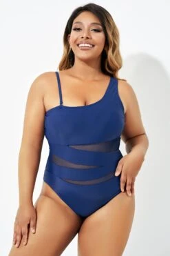 Navy Blue One Shoulder Mesh One Piece Swimsuit 9 Navy Blue One Shoulder Mesh One Piece Swimsuit -Sandy Bikinis Shop b deop181002 4