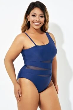 Navy Blue One Shoulder Mesh One Piece Swimsuit 11 Navy Blue One Shoulder Mesh One Piece Swimsuit -Sandy Bikinis Shop b deop181002 6