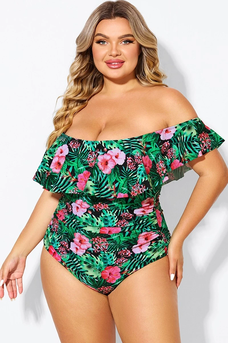 Floral Print Bandeau Off The Shoulder Ruffle One Piece Swimsuit 3 Floral Print Bandeau Off The Shoulder Ruffle One Piece Swimsuit - Image 3