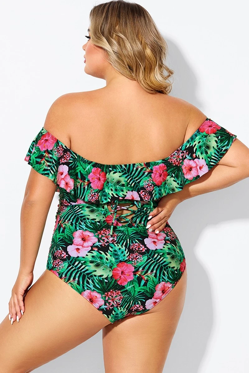 Floral Print Bandeau Off The Shoulder Ruffle One Piece Swimsuit 2 Floral Print Bandeau Off The Shoulder Ruffle One Piece Swimsuit - Image 2