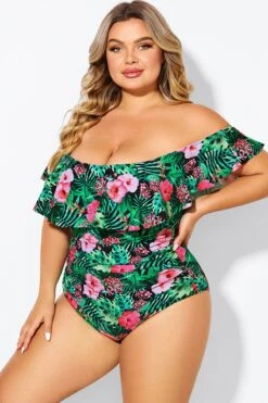 Floral Print Bandeau Off The Shoulder Ruffle One Piece Swimsuit 9 Floral Print Bandeau Off The Shoulder Ruffle One Piece Swimsuit -Sandy Bikinis Shop b deop183006 4