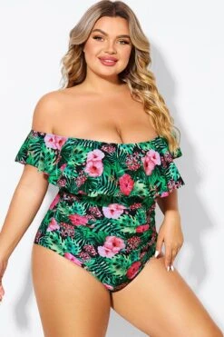 Floral Print Bandeau Off The Shoulder Ruffle One Piece Swimsuit 11 Floral Print Bandeau Off The Shoulder Ruffle One Piece Swimsuit -Sandy Bikinis Shop b deop183006 6