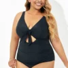 Black Cut Out Tie Front Underwire One Piece Swimsuit