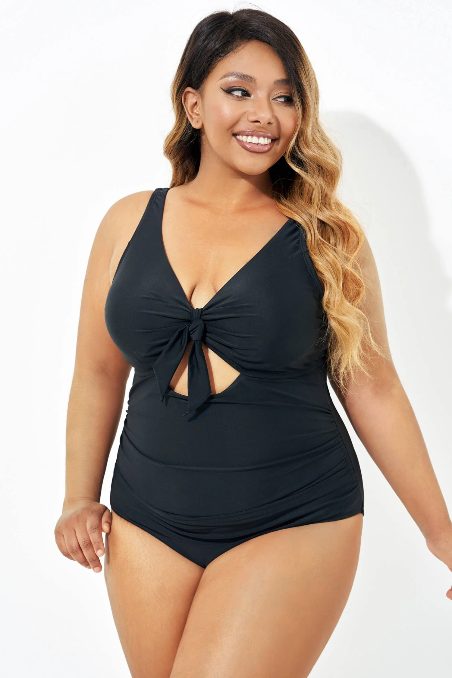 Black Cut Out Tie Front Underwire One Piece Swimsuit 1 Black Cut Out Tie Front Underwire One Piece Swimsuit