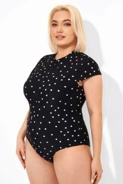 Polka Dots Zipper One Piece Swimsuit With Cap Sleeves -Sandy Bikinis Shop b deop187001 3
