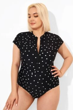 Polka Dots Zipper One Piece Swimsuit With Cap Sleeves -Sandy Bikinis Shop b deop187001 4