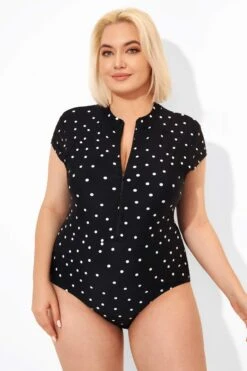 Polka Dots Zipper One Piece Swimsuit With Cap Sleeves -Sandy Bikinis Shop b deop187001 5
