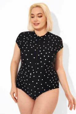 Polka Dots Zipper One Piece Swimsuit With Cap Sleeves -Sandy Bikinis Shop b deop187001 6