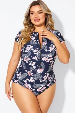 Pink Floral Tummy Control Cap Sleeves One Piece Swimsuit -Sandy Bikinis Shop b deop187002 3