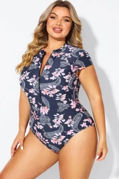 Pink Floral Tummy Control Cap Sleeves One Piece Swimsuit -Sandy Bikinis Shop b deop187002 4
