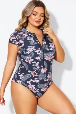Pink Floral Tummy Control Cap Sleeves One Piece Swimsuit -Sandy Bikinis Shop b deop187002 5