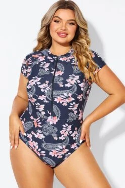 Pink Floral Tummy Control Cap Sleeves One Piece Swimsuit -Sandy Bikinis Shop b deop187002 6