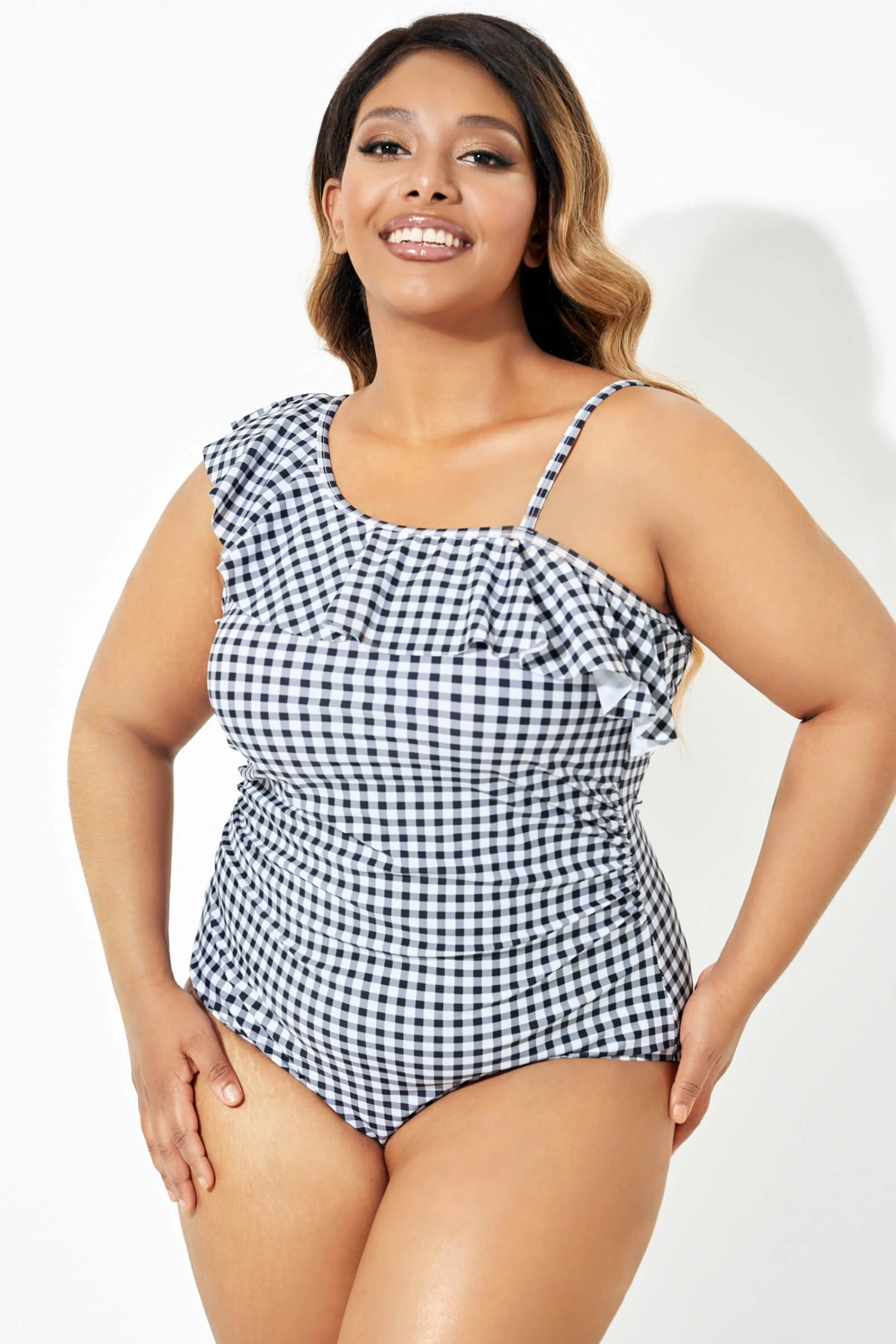 Black & White Gingham One-Shoulder One Piece Swimsuit 5 Black & White Gingham One-Shoulder One Piece Swimsuit - Image 5