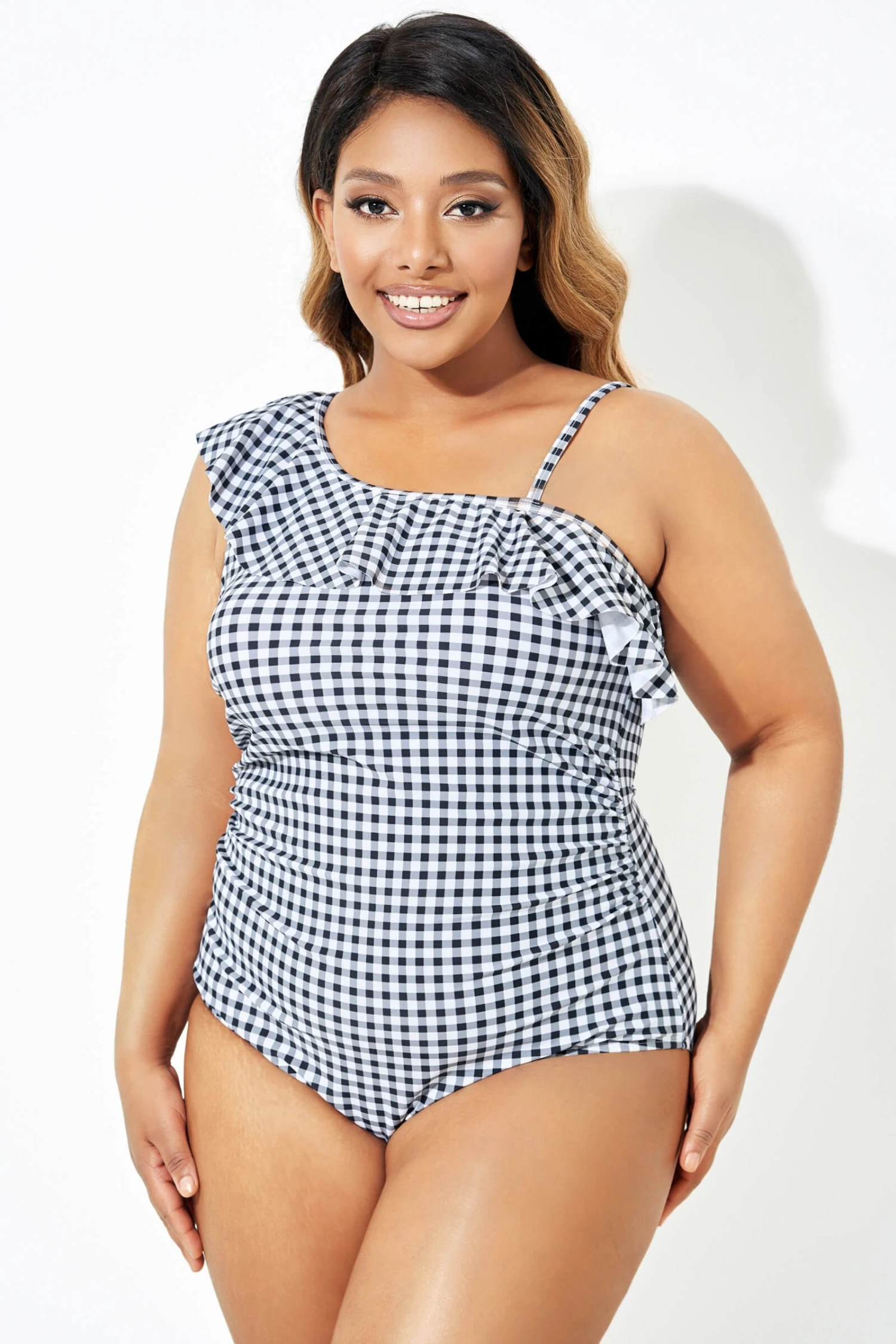 Black & White Gingham One-Shoulder One Piece Swimsuit 6 Black & White Gingham One-Shoulder One Piece Swimsuit - Image 6