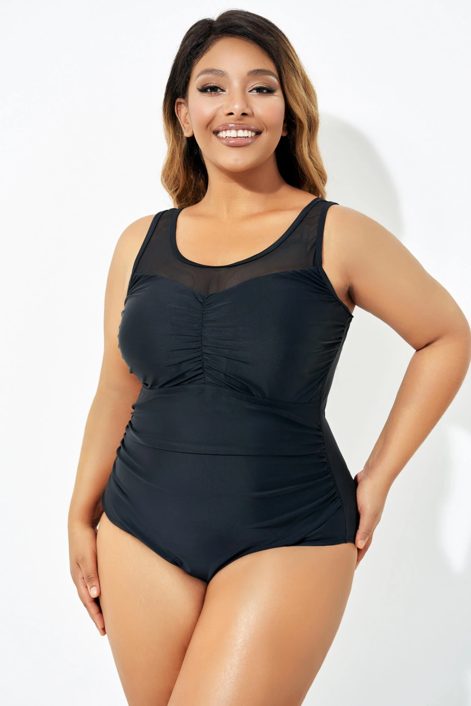 Black Mesh Ruching Tummy Control One Piece Swimsuit 1 Black Mesh Ruching Tummy Control One Piece Swimsuit