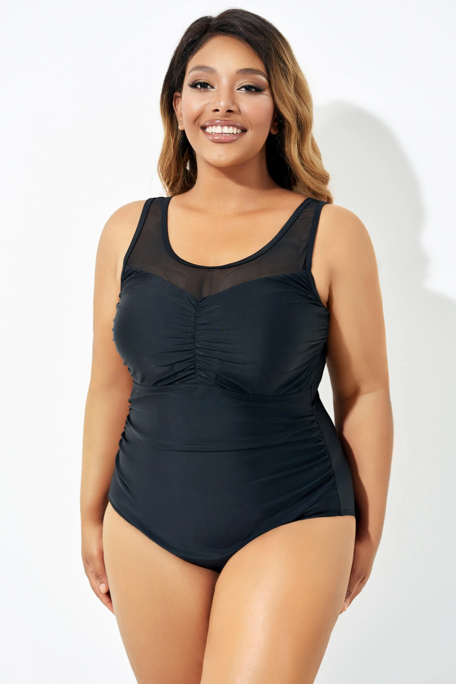 Black Mesh Ruching Tummy Control One Piece Swimsuit 3 Black Mesh Ruching Tummy Control One Piece Swimsuit - Image 3
