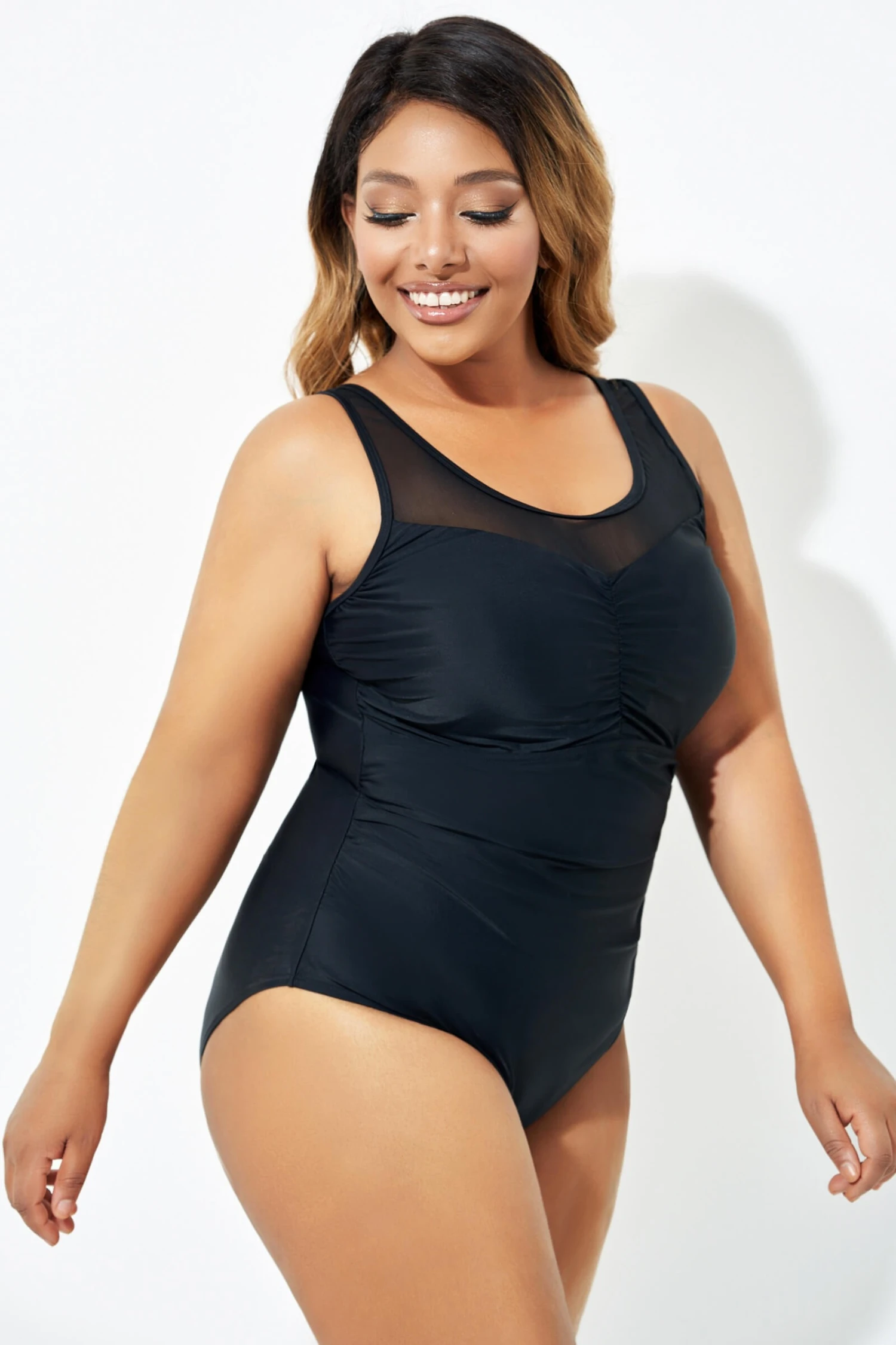 Black Mesh Ruching Tummy Control One Piece Swimsuit 6 Black Mesh Ruching Tummy Control One Piece Swimsuit - Image 6
