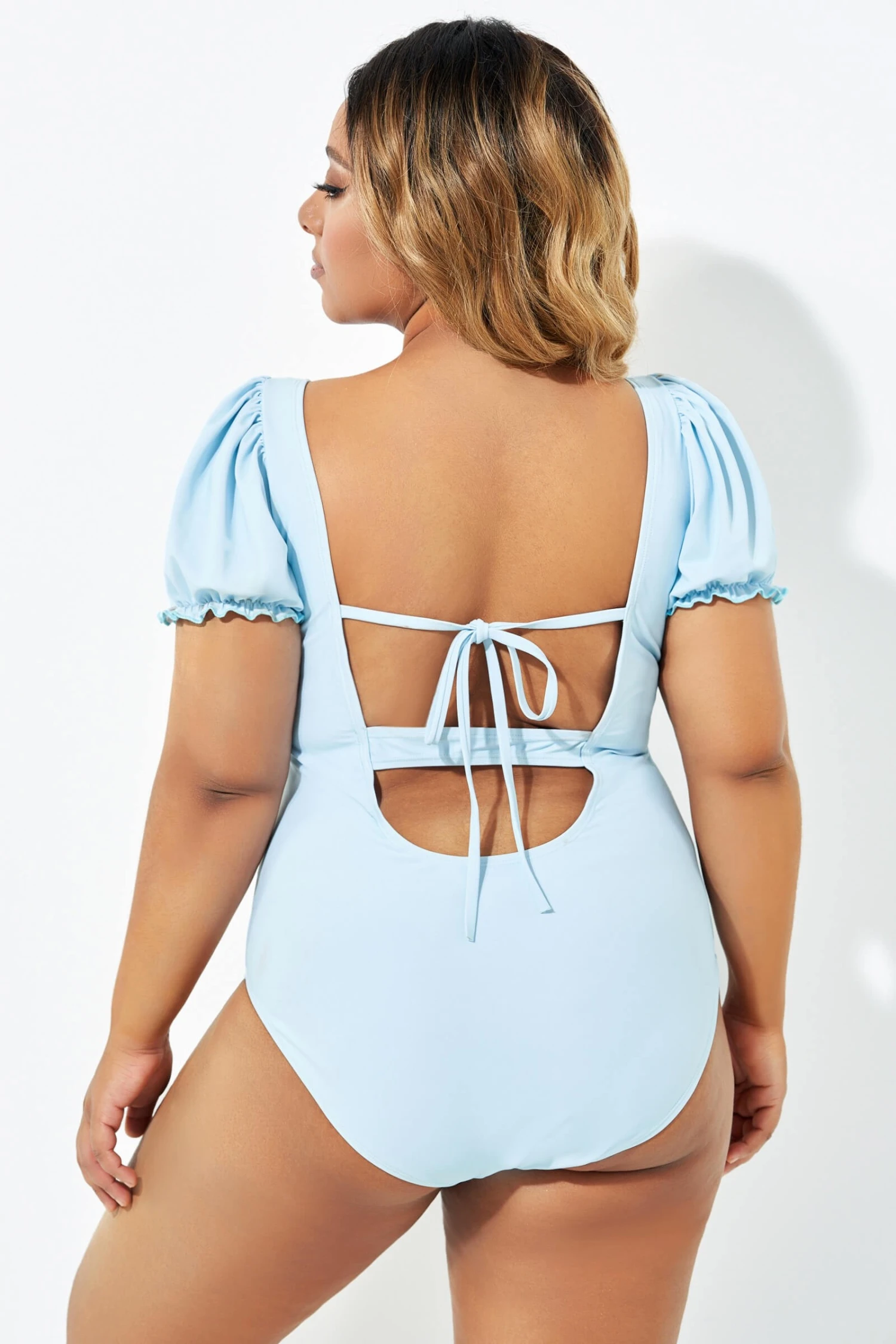 Blue Back Tie Short Sleeve One Piece Swimsuit 2 Blue Back Tie Short Sleeve One Piece Swimsuit - Image 2