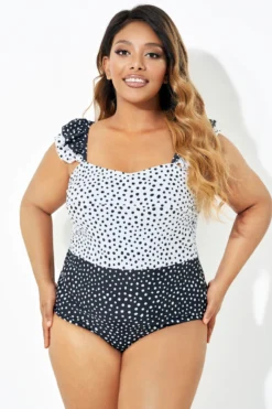 Black & White Polka Dots Ruffles One Piece Swimsuit -Sandy Bikinis Shop b deop223001 5
