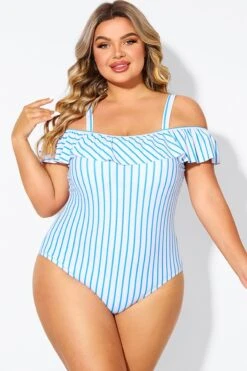 Blue & White Striped Off The Shoulder One Piece Swimsuit -Sandy Bikinis Shop b deop263002 1