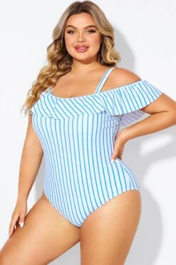 Blue & White Striped Off The Shoulder One Piece Swimsuit -Sandy Bikinis Shop b deop263002 4