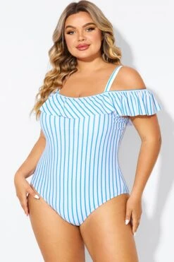 Blue & White Striped Off The Shoulder One Piece Swimsuit -Sandy Bikinis Shop b deop263002 5