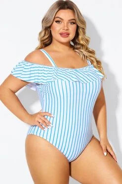Blue & White Striped Off The Shoulder One Piece Swimsuit -Sandy Bikinis Shop b deop263002 6