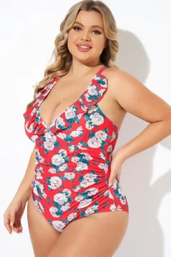 Coral Floral Wireless Ruffle One Piece Swimsuit -Sandy Bikinis Shop b deop269001 3