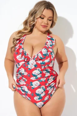 Coral Floral Wireless Ruffle One Piece Swimsuit -Sandy Bikinis Shop b deop269001 4