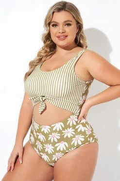 Cactus Stripe Daisy Knotted One Piece Swimsuit -Sandy Bikinis Shop b deop271001 3